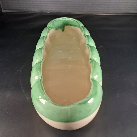 MCM, Vintage Oblong Ceramic Planter Green Drip Glaze And Ivory Base - Picture 2 of 9